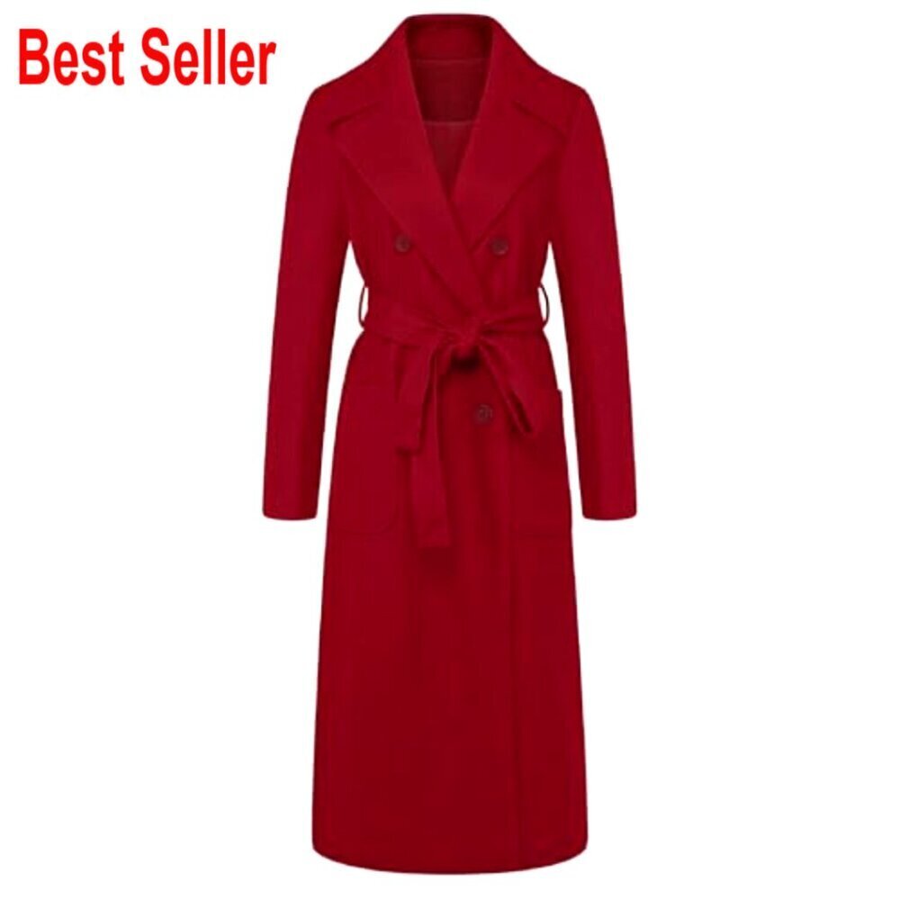 Elegant Wool Blend Overcoat Double Breasted Lapel Collar Belted Classic Chic - Picture 3 of 4